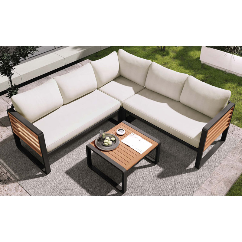 Ensemble de 4 pièces pour la conservation du patio, canapé modulaire en L en métal et bois, Beige