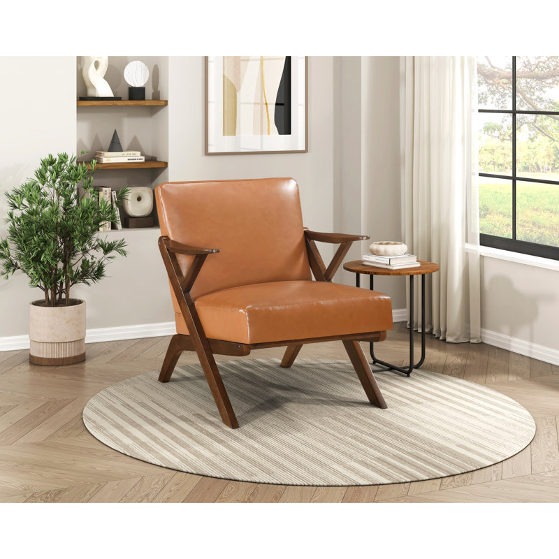 Chaise d'appoint en bois massif recouverte de similicuir brun pour la finition de l'espace de vie avec structure en bois d'hévéa et coussins en mousse