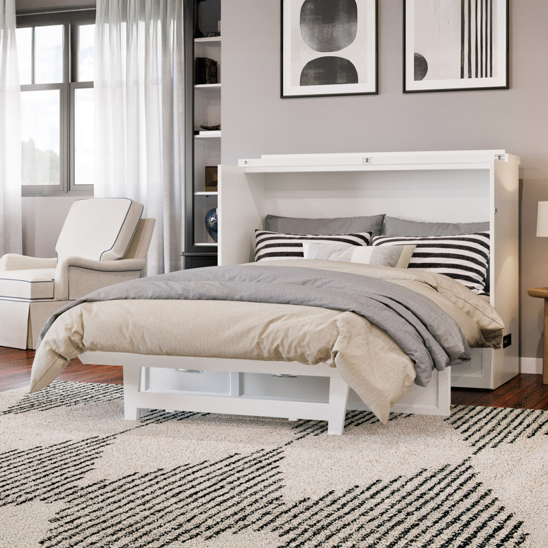 Andriena Murphy Bed Chest with 6" Mattress, Storage & Built-in Charger, Full, White