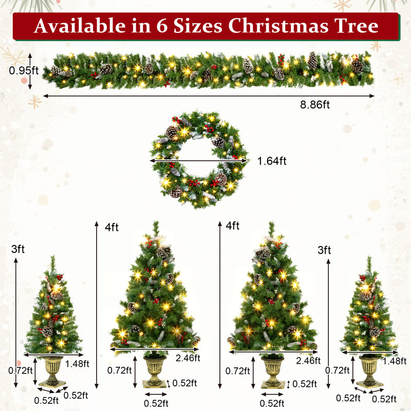 Ensemble d'arbre de Noël Everglow pré-illuminé de 6 pièces pour porche, comprenant des sapins en pot, une couronne et une guirlande.