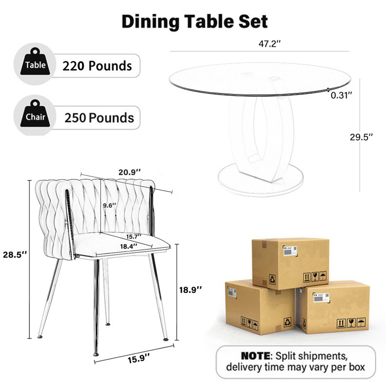 Modern Round Dining Set, Tempered Glass Dining Table with Weavon Velvet Chair for Dining Room and Small Space, Gray/Silver