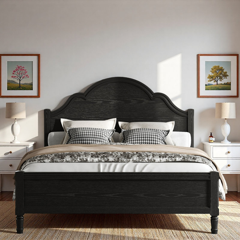 Lit plateforme en bois avec tête de lit courbée et pieds robustes, Black, Queen
