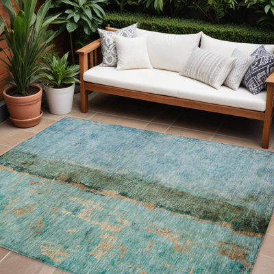 Tapis d'extérieur lavable abstrait bleu et or 10 pi x 14 pi
