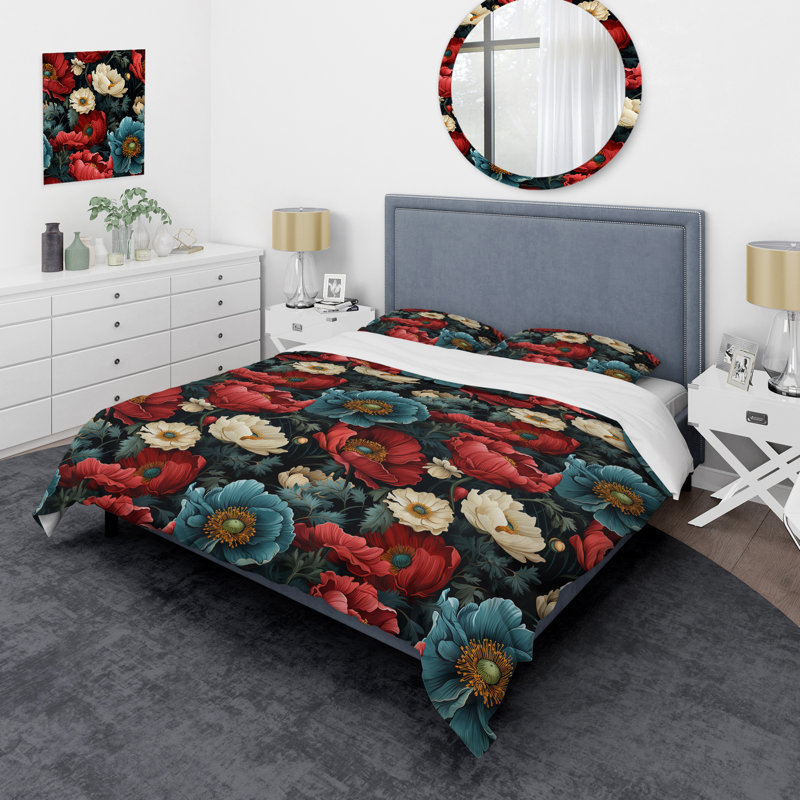 Blue And Red Poppy Flowers Pattern V - Ensemble de housse de couette à motif floral