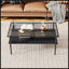 Table basse rectangulaire avec plateau en verre trempé gris et pieds noirs