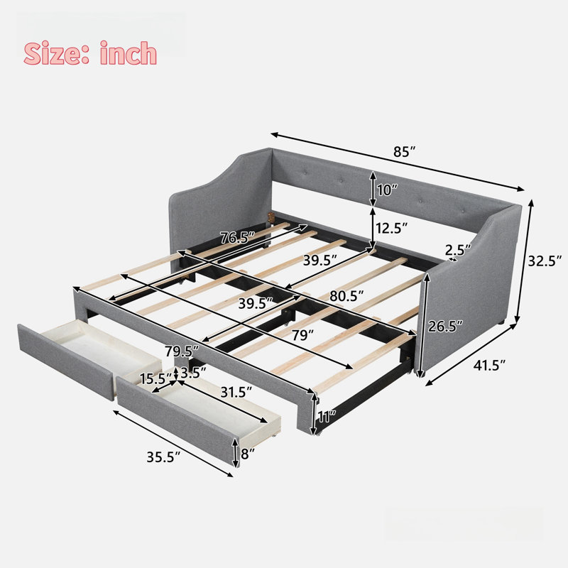 Twin Xl To King Size Upholstered Daybed With Two Drawers, Gray