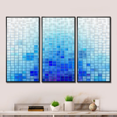 «Squared Mosaic in Blue Shades of Blue», reproduction sur toile flottante 3 pièces