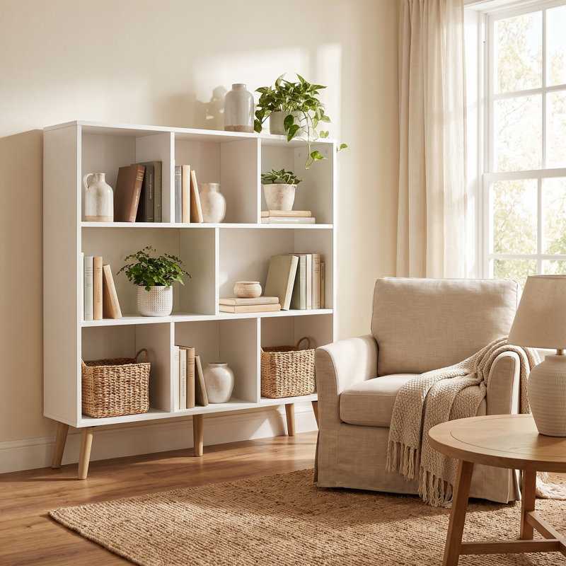 Jaen Solid and Manufactured Wood Cube Bookcase, Grand White, (8 Shelves) 42.5" H x 39.4" W x 9.4" D