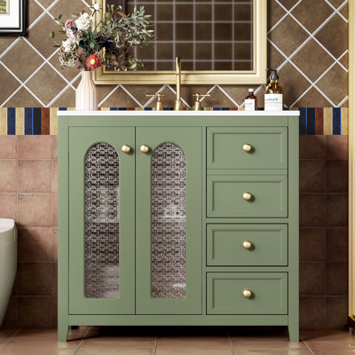 Armoire de salle de bain 36 po avec 2 portes à fermeture douce, 3 tiroirs, lavabo en céramique - tablettes élégantes pour meuble-lavabo, poignées luxueuses et design élégant