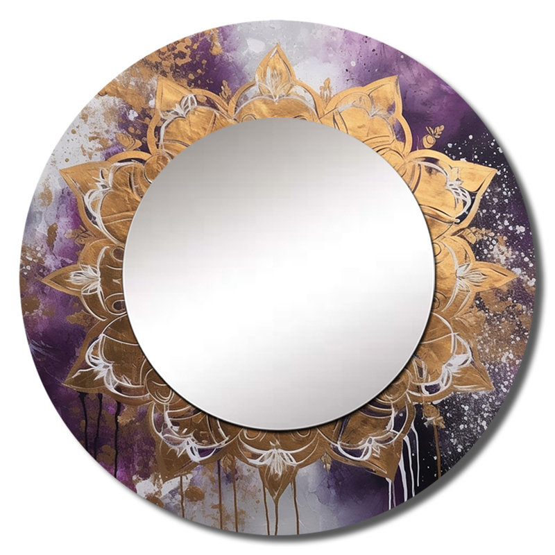 Guanche Purple And Gold Mandala II - Boho Mandala Unique Wall Mirror Decor, Traditional Large Round Mirror, Printed Metal Art