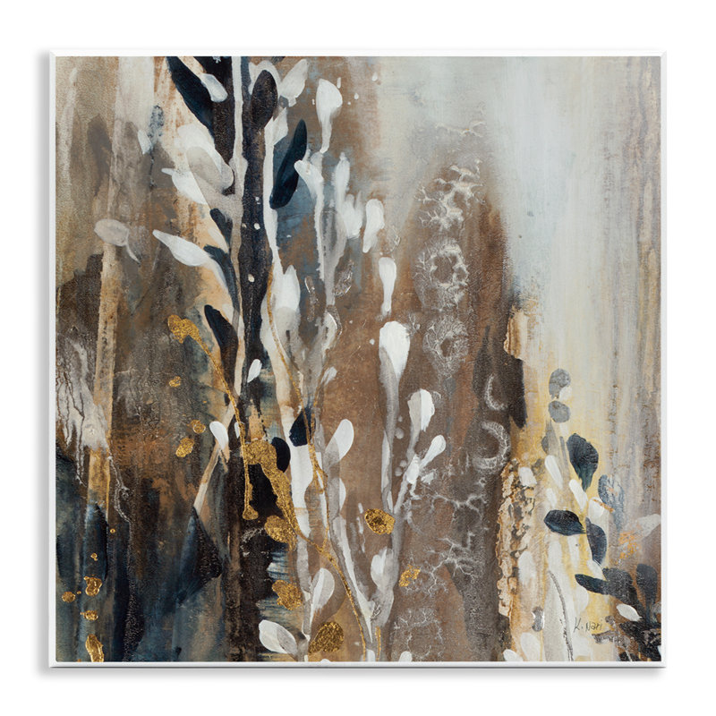 Modern Abstract Painting Brown Grey White Cascading Plants Black Framed Giclee Texturized Art By K. Nari