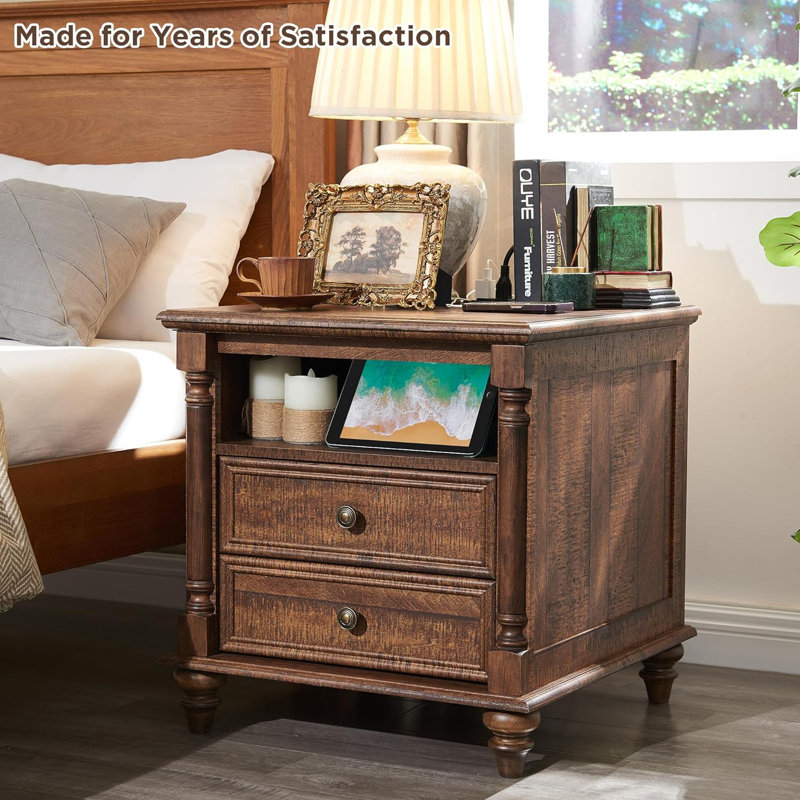 Rushville Farmhouse 2 - Drawers Nightstand with Charging Station, Tall Rustic Wood Square End Table with Open Shelf