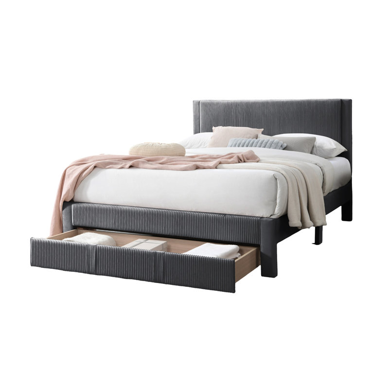 Grand lit contemporain avec tête de lit en velours côtelé et tiroir sous le lit, velours côtelé couleur gris anthracite