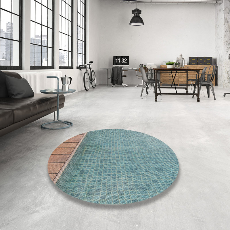 Tapis bleu/brun à motifs, Rond 3 pi
