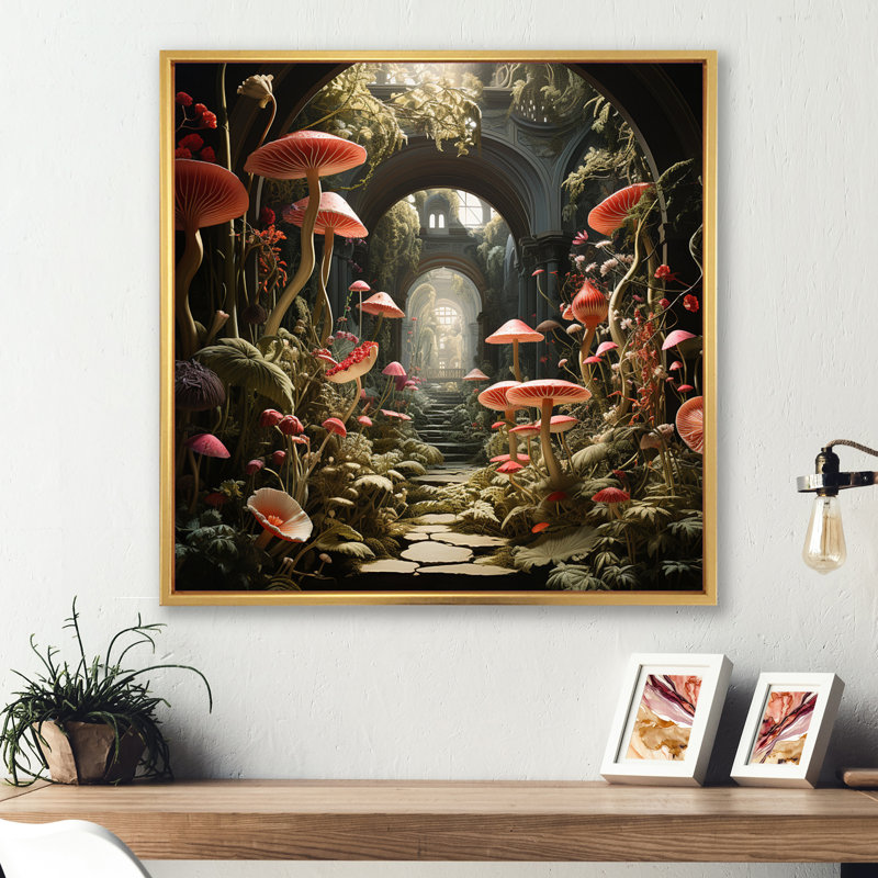 Champignon le jardin secret - imprimé, Cadre flottant doré, H 30 po x l 30 po x P 1 po