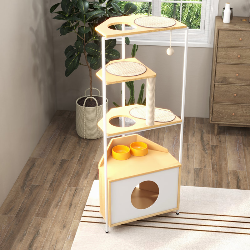 Arbre à chat d'angle avec poteau à griffer, cage à chat et plateformes d'escalade