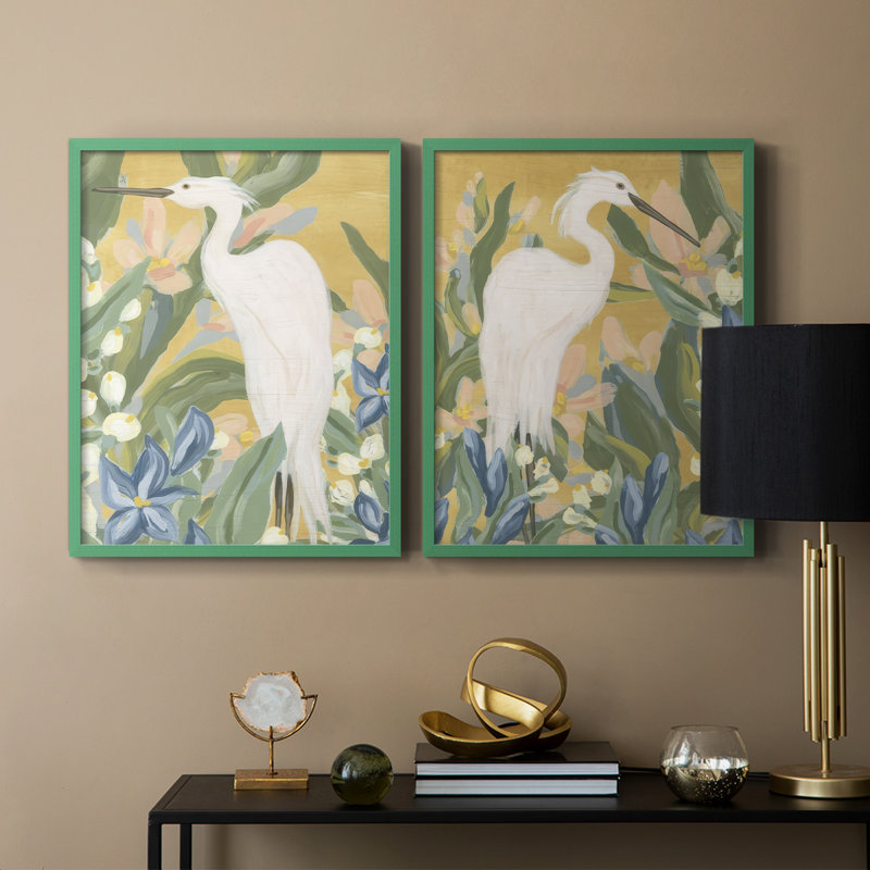 Floral Egret I-Premium, reproduction encadrée prête à accrocher - aucun clou requis - aucun clou requis, H 29 po x l 46 po