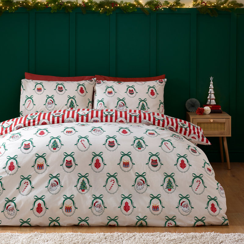 Christmas Vintage Stripe Reversible Duvet Cover Set, Double