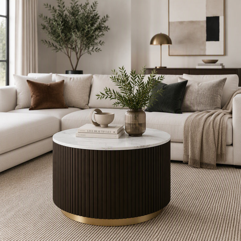 Table d'appoint ronde moderne avec plateau en marbre reconstitué et piètement cylindrique cannelé