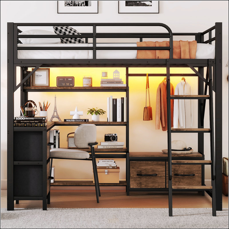 Lit mezzanine double avec bureau et lumière, Double