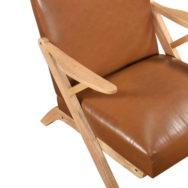 Chaise d'appoint avec structure en bois d'hévéa massif naturel et dossier en similicuir brun Chaise de salon: Hévéa, doublure