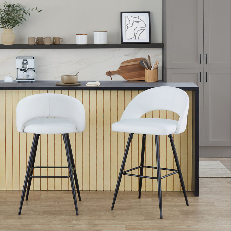 Tabouret de bar à hauteur fixe en métal noir et similicuir avec repose-pieds carré - ensemble de 2, Blanc, Noir