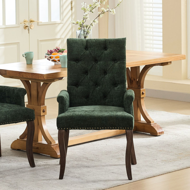 Fauteuil d'appoint en chenille olive rembourré avec pieds en bois d'hévéa massif incurvé