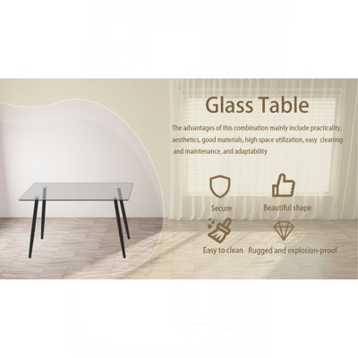 51" Dining Table Modern Minimalist Rectangular Glass for 4-6 with 0.31" Tempered Glass Tabletop and Black Metal Legs, Writing Table Desk, for Kitchen