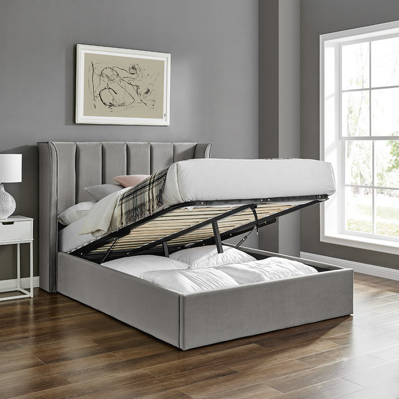Ashok Upholstered Velvet Lift Up Storage Ottoman Bed, Double (135 x 190 cm), Grey