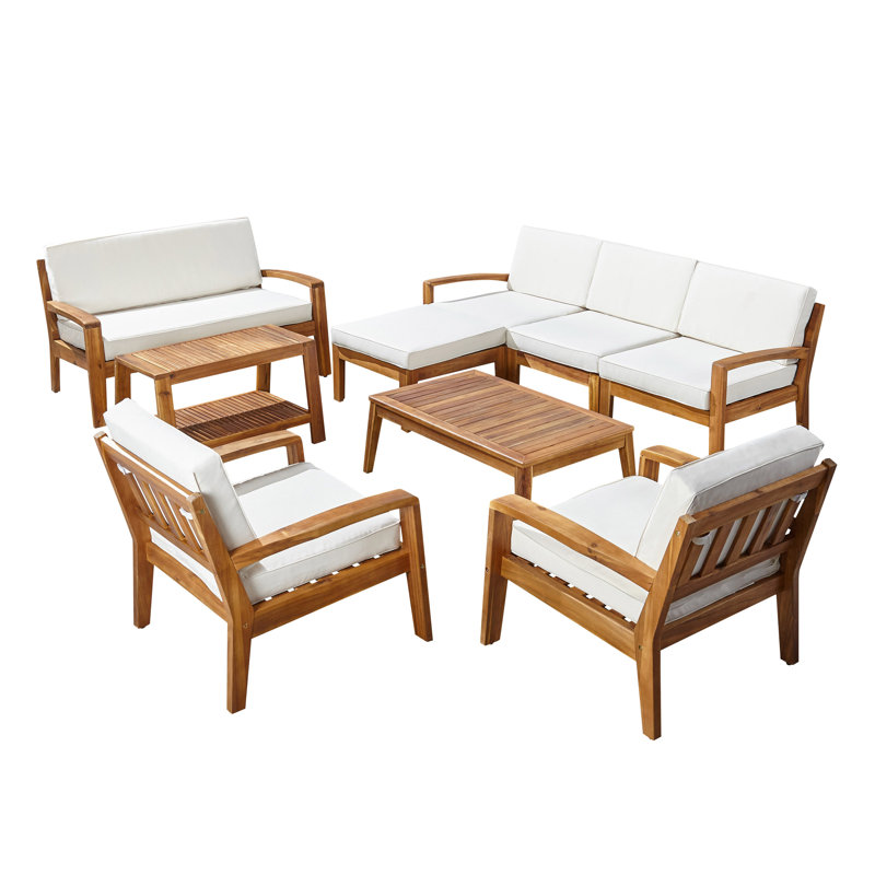 Sait Acacia 7 - Person Patio Conversation Set with Cushions, Teak Frame/Beige Cushion