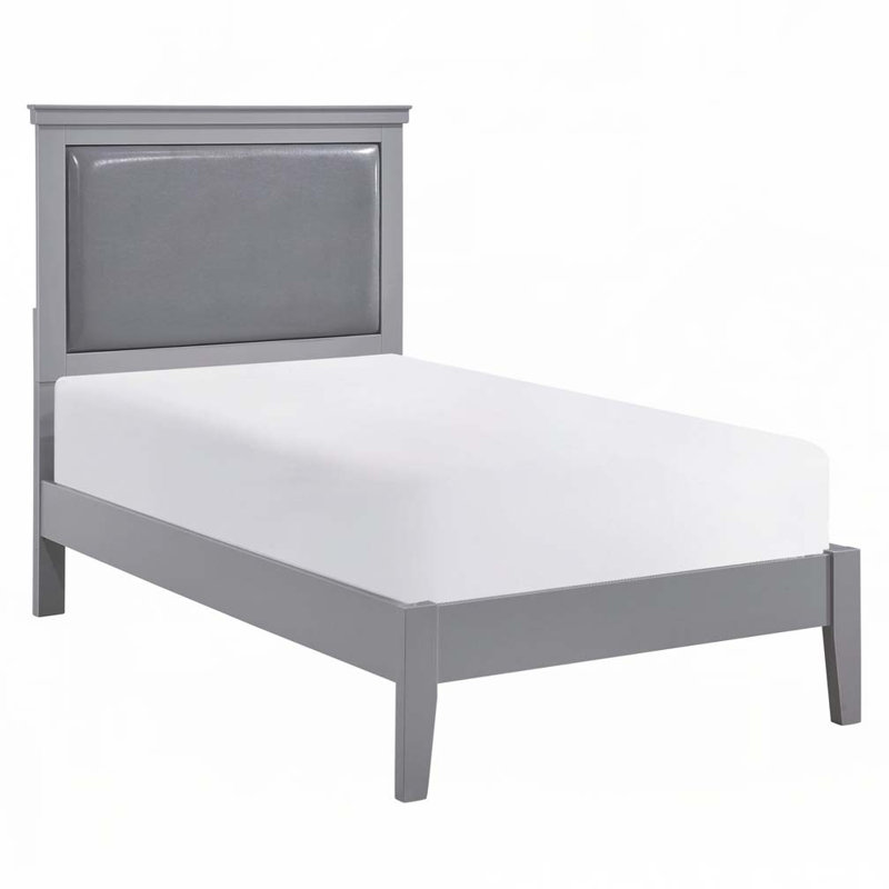 Wood Panel Bed with Faux Leather Headboard, Grey, Twin