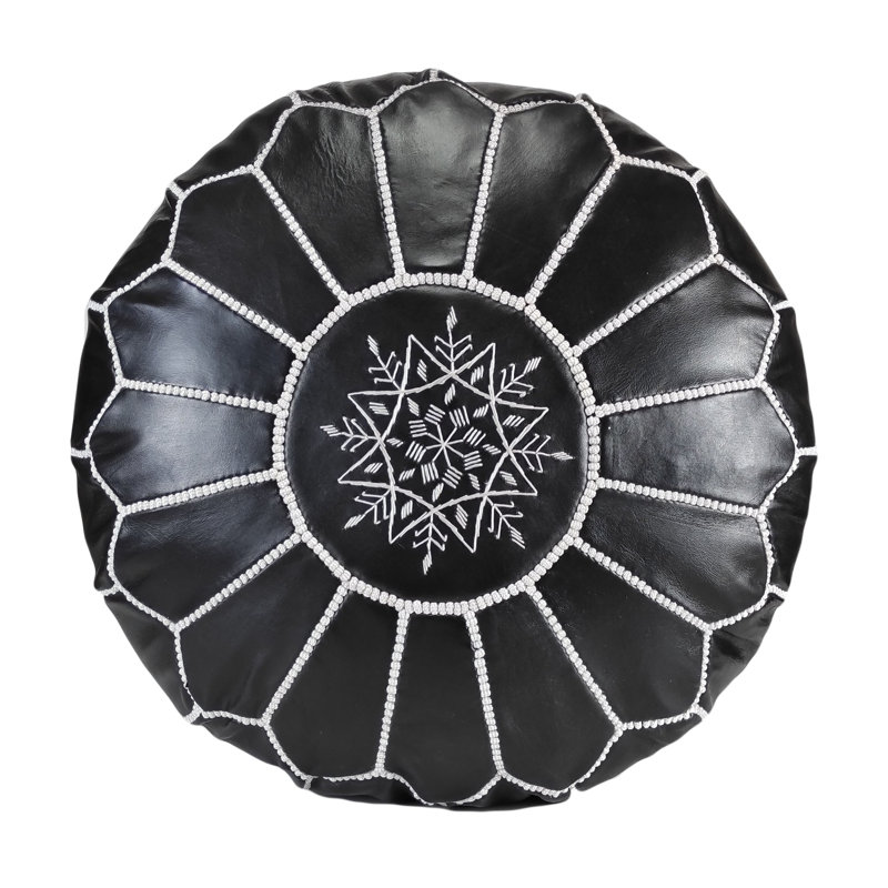 Leather Pouf, Black/White Genuine Leather