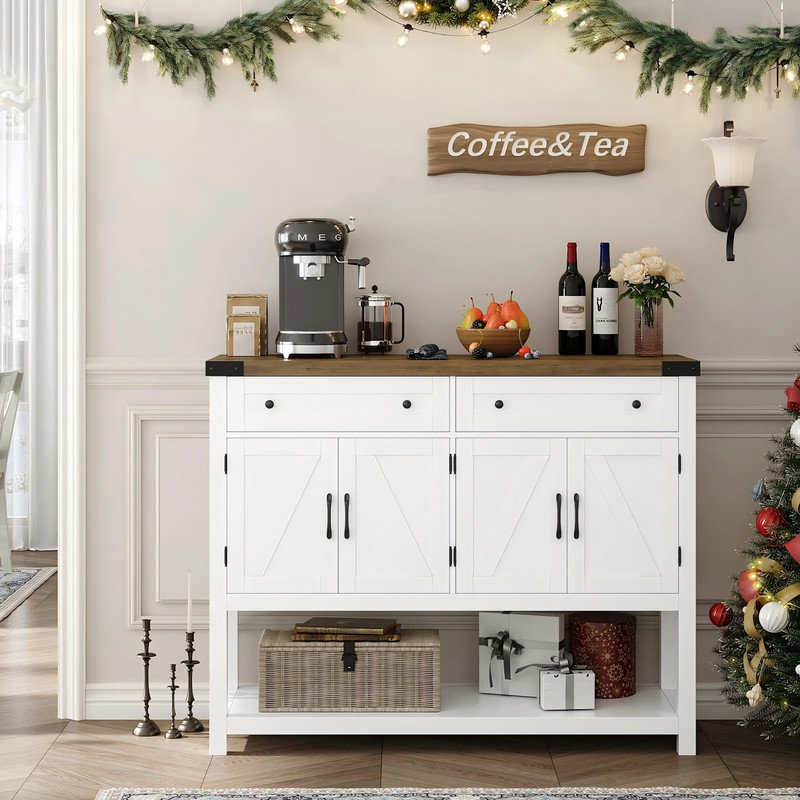 47.2" Buffet Sideboard Cabinet with Storage, Modern Farmhouse Coffee Bar with 2 Drawers, Barn Doors Console Table with Shelf for Kitchen, Dining Room, Living Room, Entryway