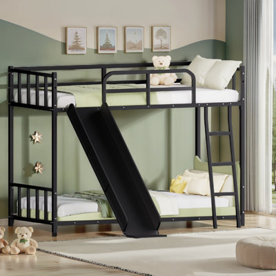 Lit superposé en métal avec et glissade, abat-jour noir, peu encombrant pour les petites chambres à coucher, dessus de garde-corps, processus d'assemblage simple et rapide en métal, plan de glissade, pièces compactes, pratique facile