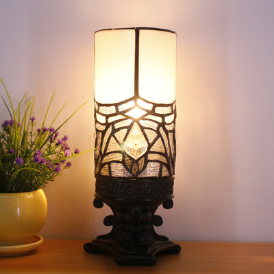 Small Tiffany Table Lamp Mini Stained Glass Desk Lamp Sympathy Memory Table Lamp with Cylindrical Shade 4X10Inch (White Bending Style)