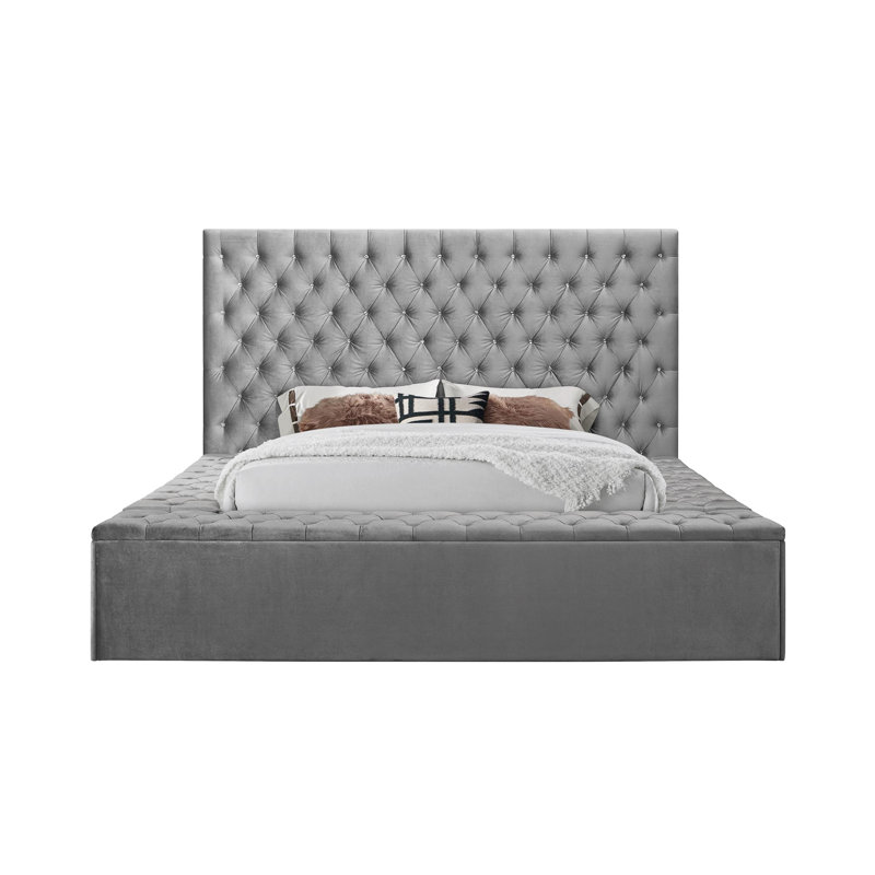 Lit plateforme tapissier Zaniyah, Gris argenté, Très grand