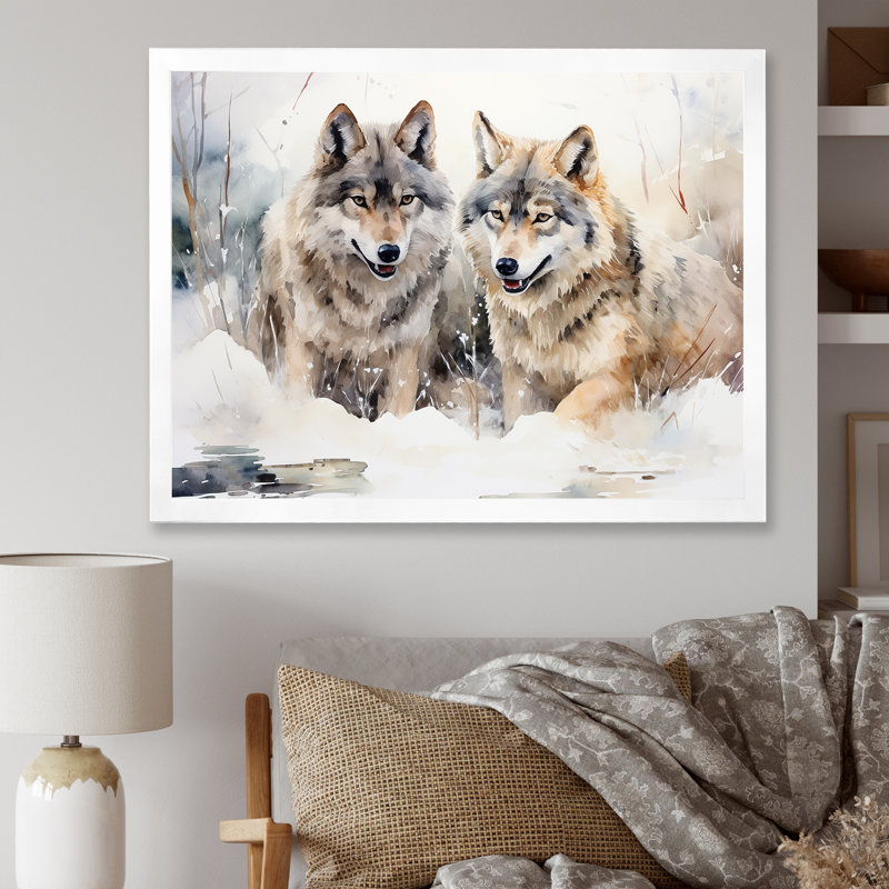 Forêt, loups dans un paysage d'hiver - loup, art mural, Cadre de coin blanc fermé, H 16 po x l 32 po x P 1 po