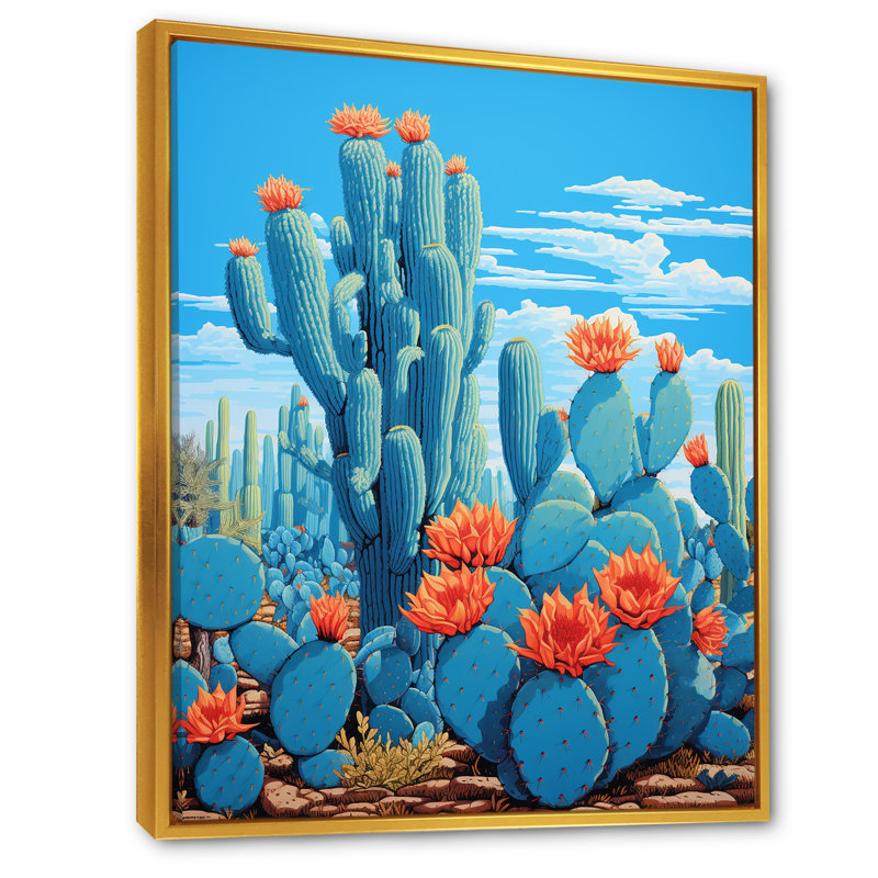 Cerulean Blue Cactus Collage sur toile, Cadre flottant doré, H 20 po x l 12 po x P 1 po