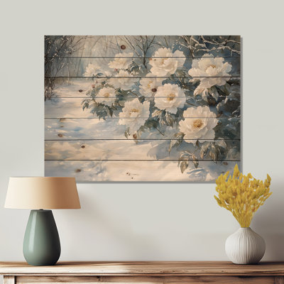 Pivoines le long du sentier glacial I - Décoration murale en bois de pivoines - sur bois de pin naturel