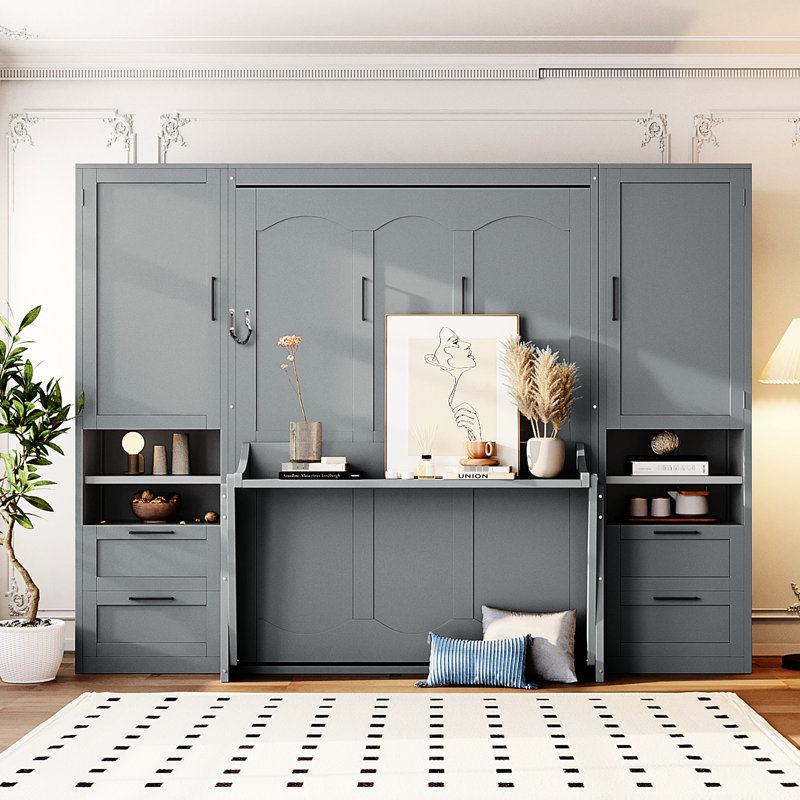 Lit double, gris, lit, rangement sous le lit, garde-robe latérale, transformer n'importe quelle pièce, espace confortable et organisé, nombreux articles personnels, tablette supérieure à option de couleur sélectionnable, tiroirs, arrangement quotidien pratique