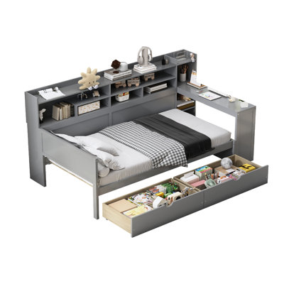 Twin Gray Wood Daybed With Storage Shelf Facilities, Two Drawers And A Study Desk For Bedroom Utility Enhancement Wooden Multi - Storage Features, Functional Space Optimization