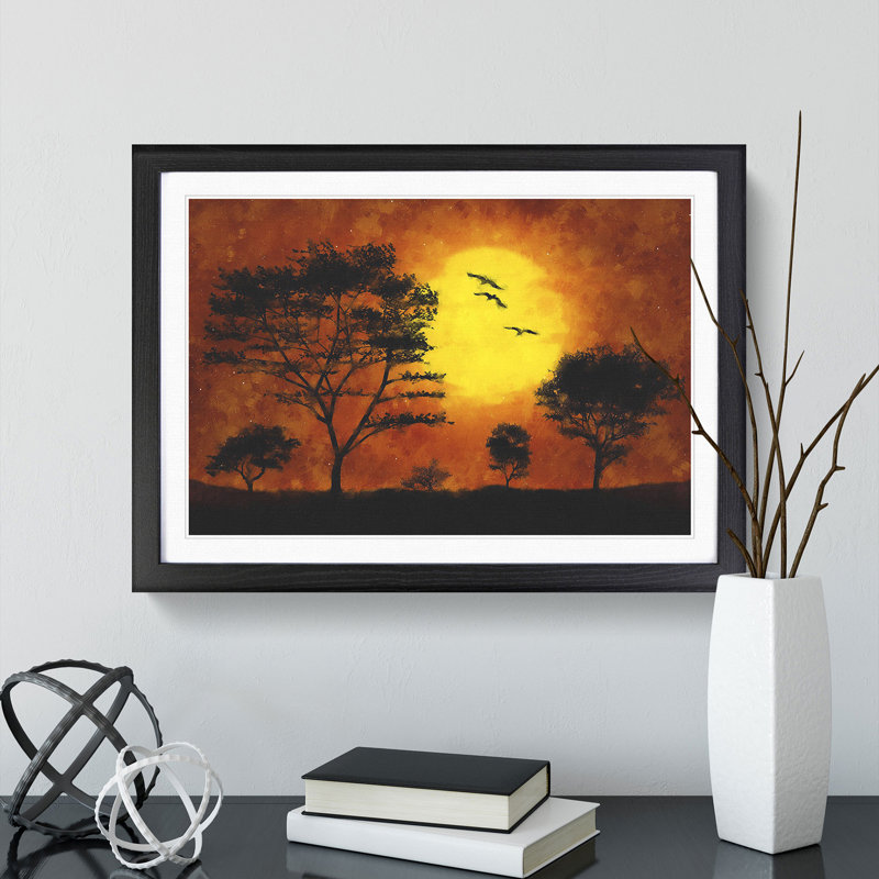 Birds and Trees at Sunset - Picture Frame Painting, 27cm H x 36cm W x 2cm D, Black Framed