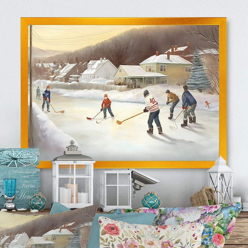 Enfants jouant au hockey en hiver IV - art mural de hockey sportif pour le salon, H 24 po x l 32 po x P 1 po