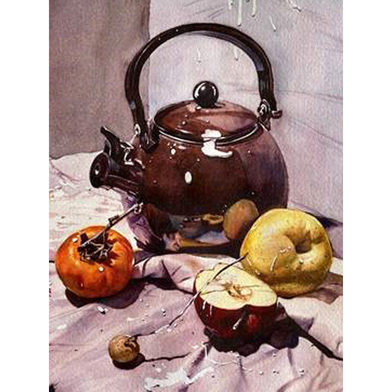 Peinture blanche sur bouilloire et fruits | Aquarelle sur papier
