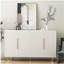 Buffet moderne blanc avec rangements, grand buffet aux bords ondulÃ©s et aux tablettes rÃ©glables, fauteuils, comptoir dÃ©coratif