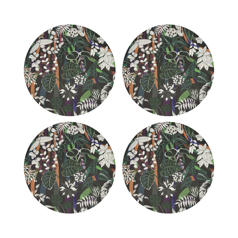 Sabi Jungle Beige Vegan Leather Round Coasters, Chocolatte