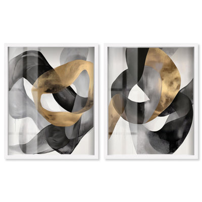 Ensemble de 2 décorations murales bohème glamour doré de luxe par Art Remedy, cadre blanc, 37 x 46