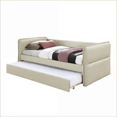 Sofa Twin Over Twin Daybed with Trundle, Tan , For Guest Room Dorm Small Spaces | Upholstered