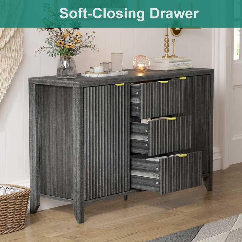 Black Fluted Wood Sideboard with Drawers and Doors, 46.5"