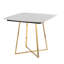 Table de salle à manger avec base en métal doré et bois noir avec plateau en céramique effet marbre blanc-2130769164